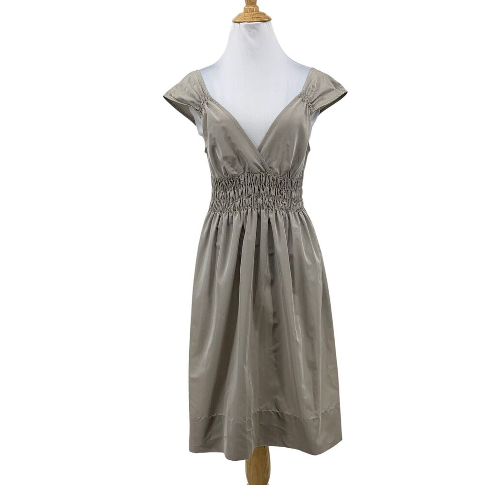 Zara Dress Womens S Small Shiny Pewter V Neck Sweetheart Smocked Cap Sleeve